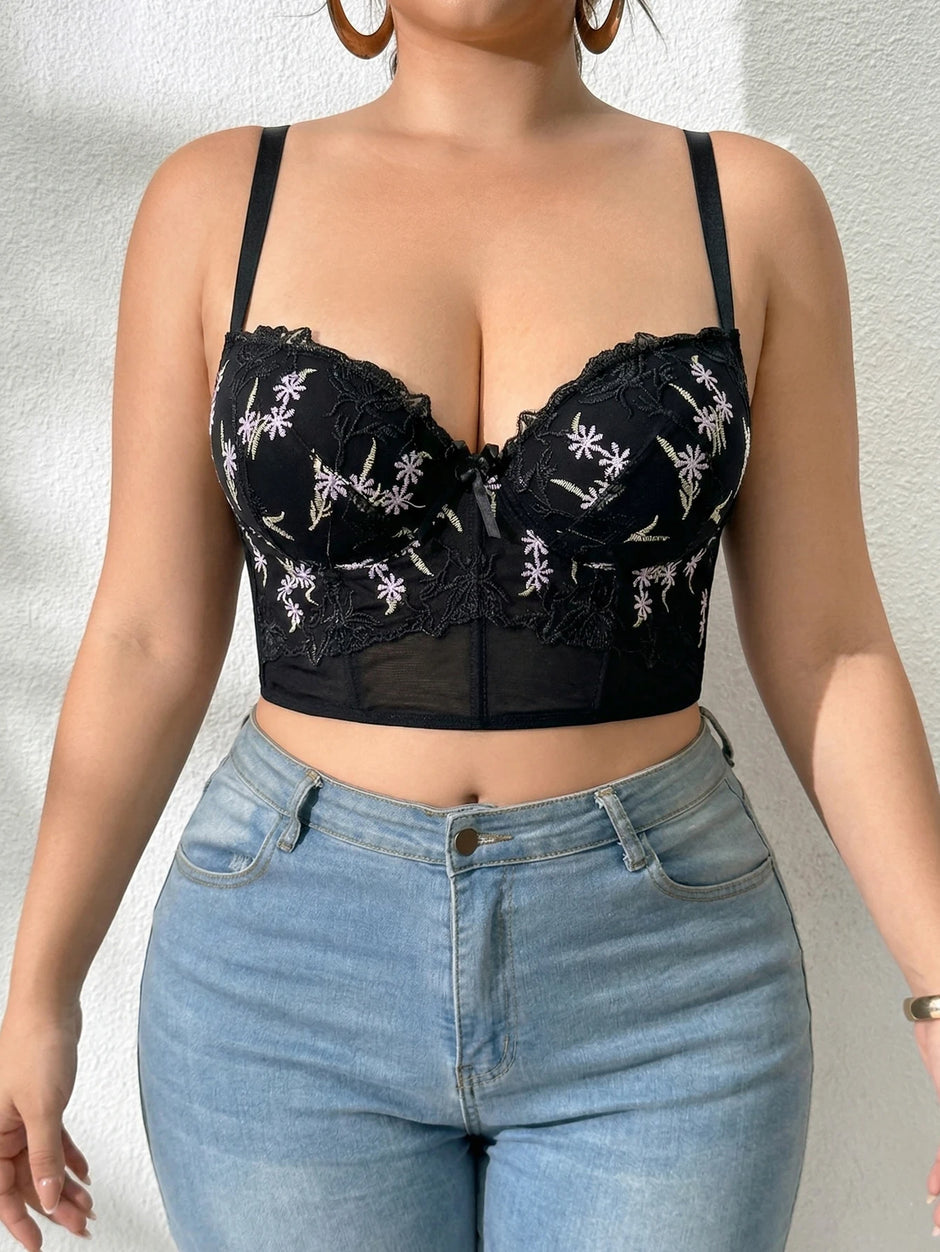Women'S Floral Embroidery Lace Push up Bra with Underwire Longline Shaping Side Support Minimizer Comfortable Bra