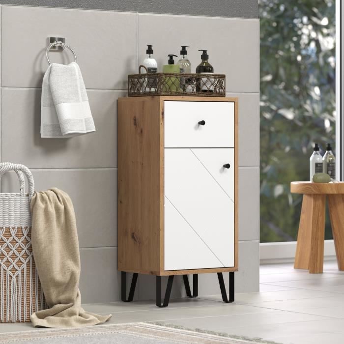 Touch bathroom furniture, matte white, oak decor.