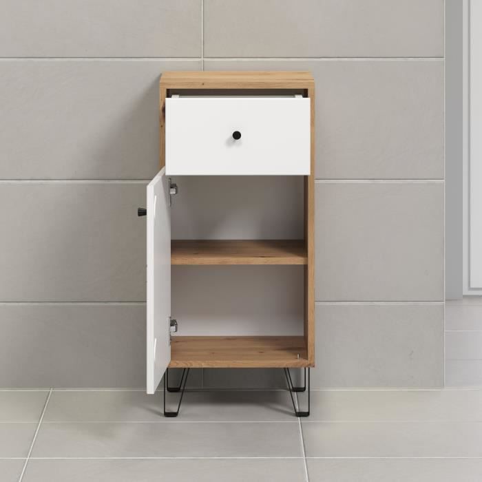 Touch bathroom furniture, matte white, oak decor.