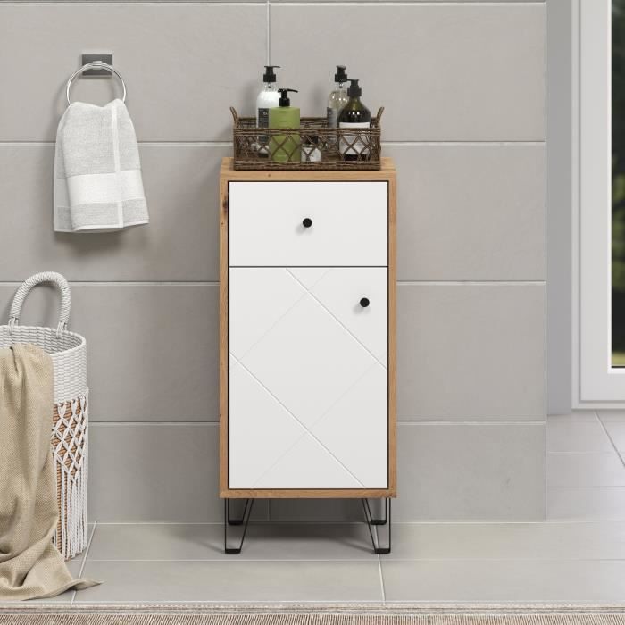 Touch bathroom furniture, matte white, oak decor.