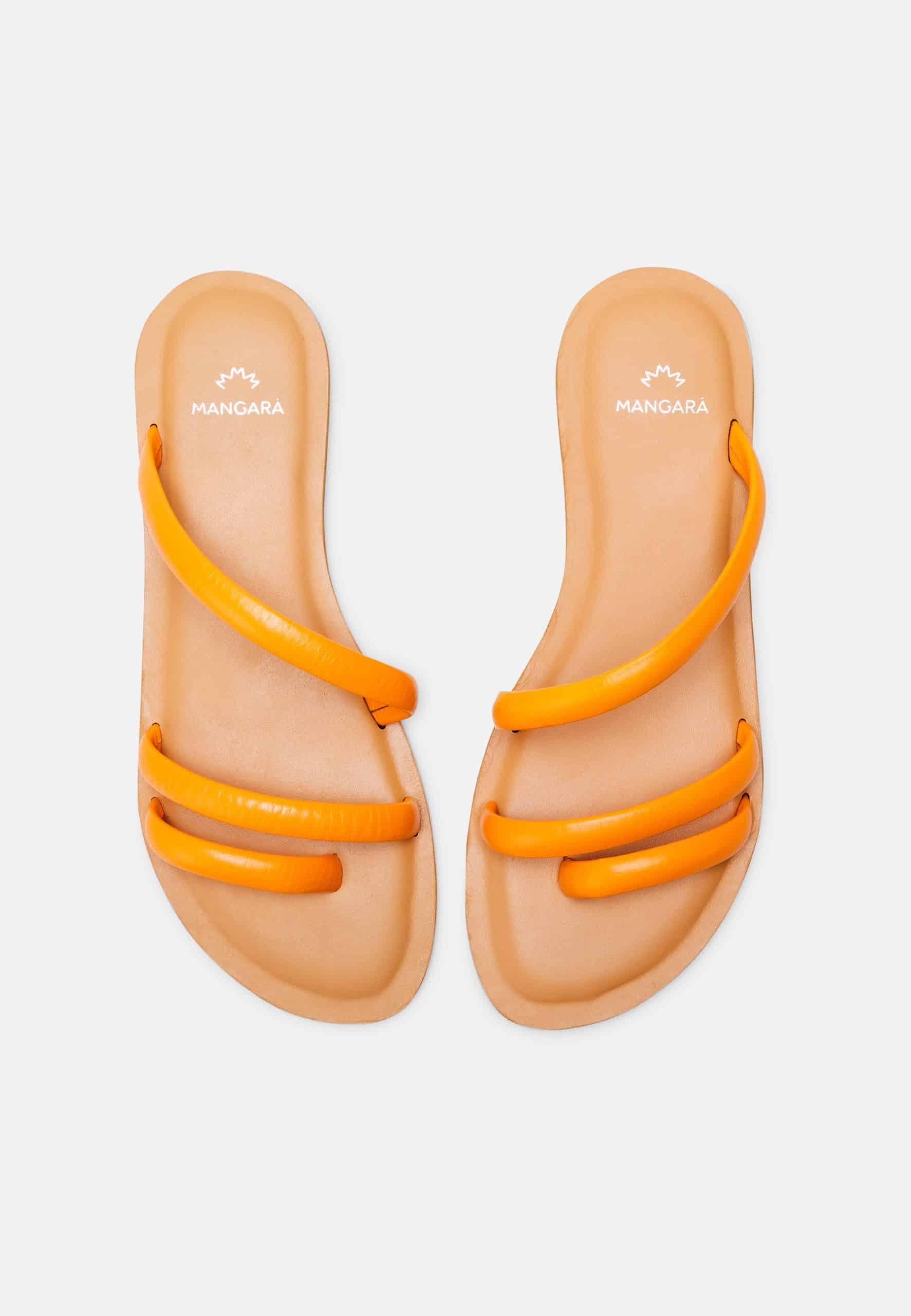 Cacau Calf Orange Leather Three-Strap Slide Sandals