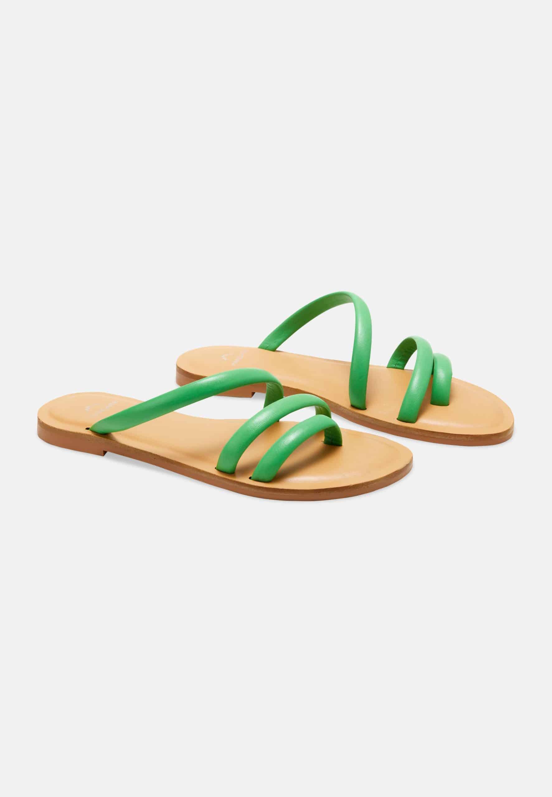 Cacau Calf Green Leather Three-Strap Slide Sandals