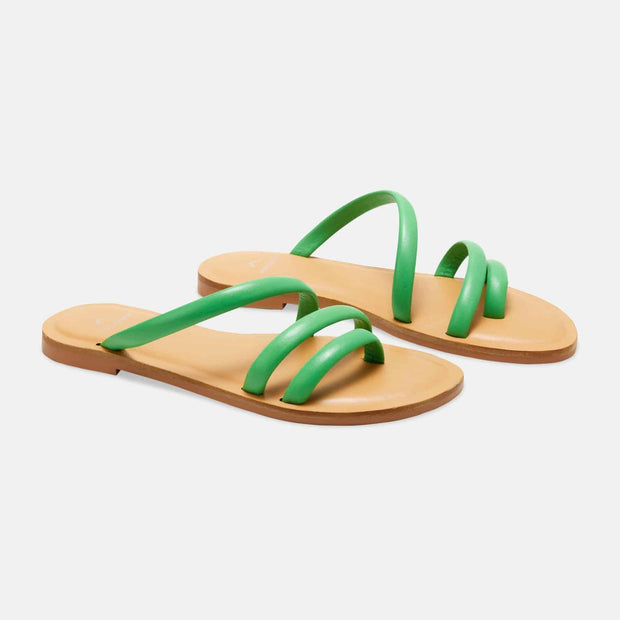 Cacau Calf Green Leather Three-Strap Slide Sandals-1