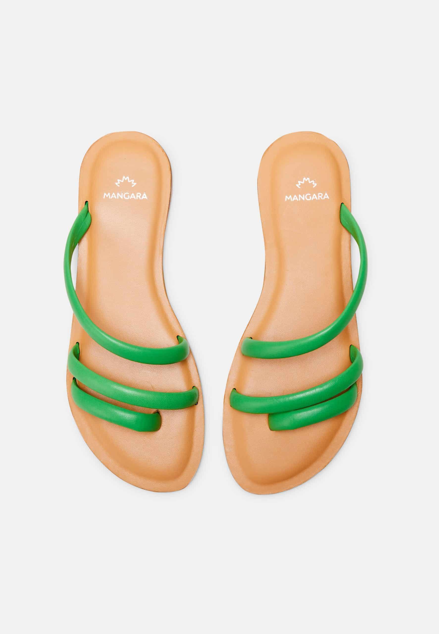 Cacau Calf Green Leather Three-Strap Slide Sandals