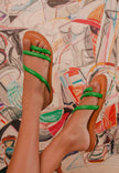 Cacau Calf Green Leather Three-Strap Slide Sandals
